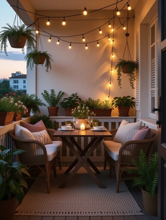 cozy balcony with string lights