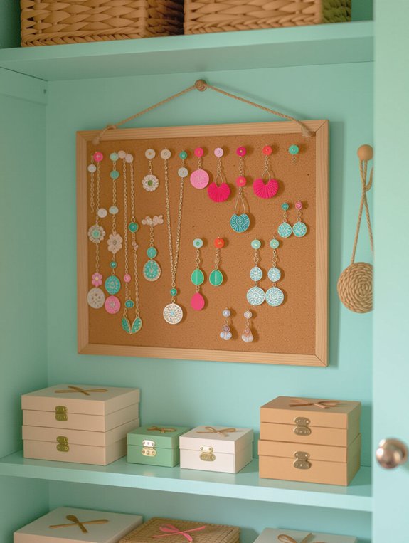 organize jewelry with corkboard
