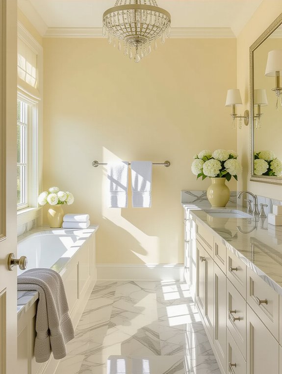 calming pale yellow gray bathroom