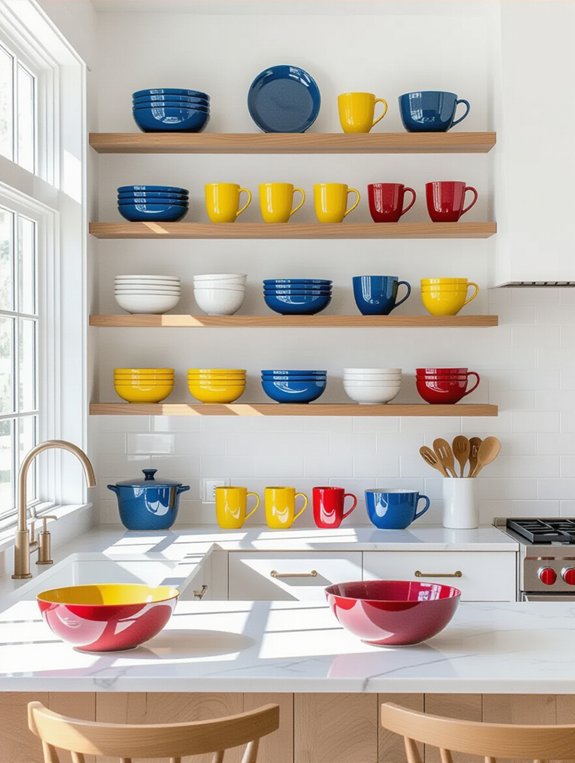 colorful open shelving accents