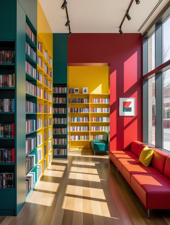 vibrant color blocked library design
