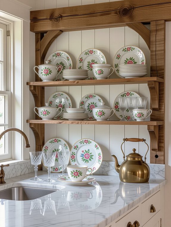 vintage dishware open shelving