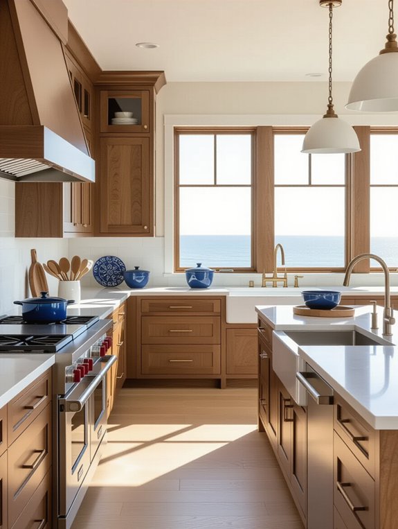 walnut cabinets enhance coastal elegance
