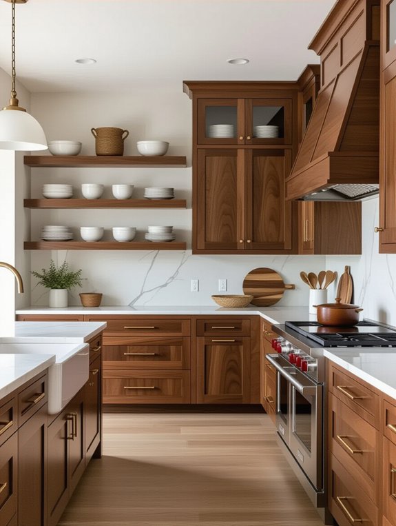 warm walnut open shelving