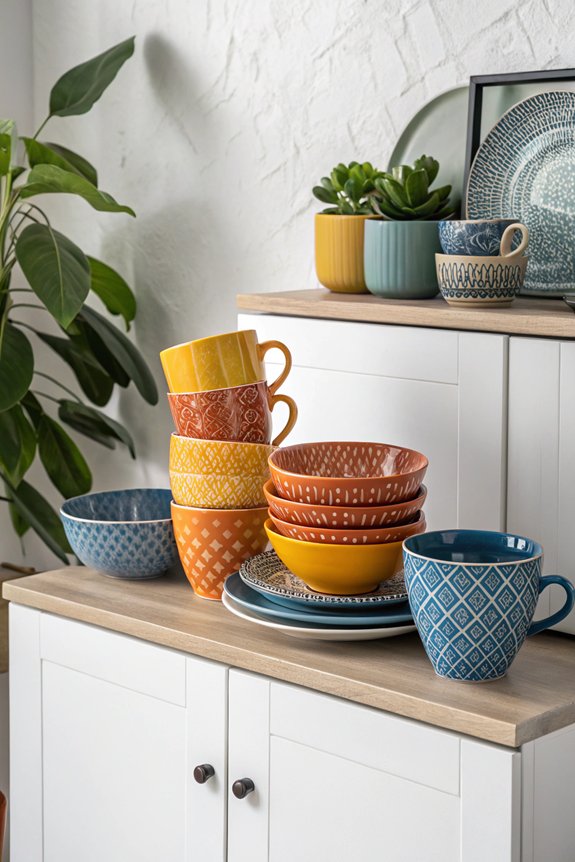 colorful dishware enhances decor